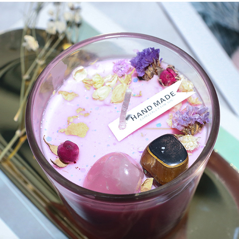 100g 홈 장식 수제 간장 왁스 아로마 테라피 친환경 높은 크리스탈 스톤 드라이 플라워 향기로운 양초 파티 생일 선물